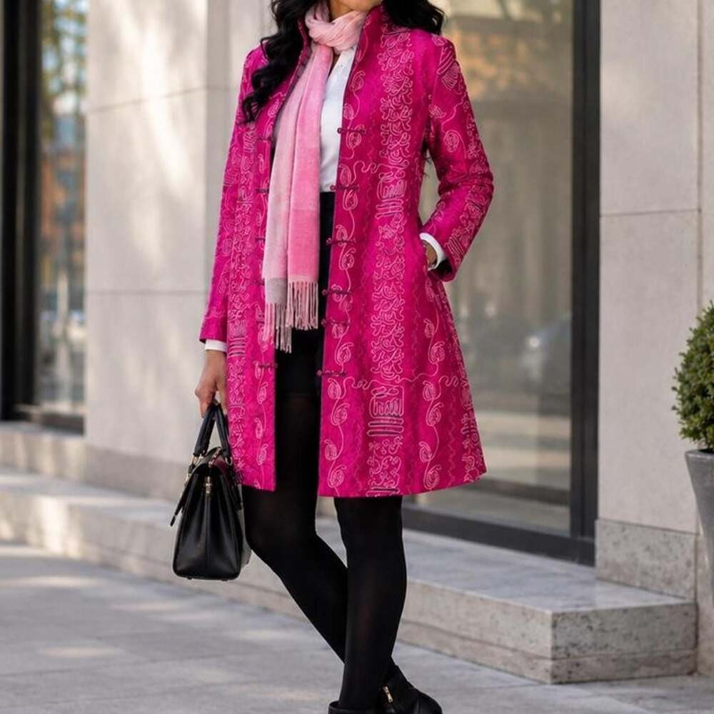 Shanghai SoHo Fuchsia Silk Blend Embroidered Mandarin Coat